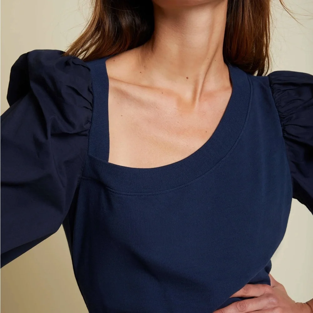 Nation LTD 100%cotton Blue Asymmetrical Ruched Puff Sleeve Blouse.      order115 - Picture 8 of 14